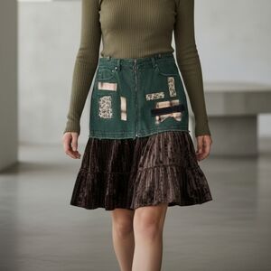 Upcycled We The Free Green Patchwork Skirt with Velvet Hem Size 10/12